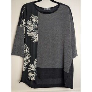 Alembika Womens Top Tunic Black Colorblock Mixed Pattern Lagenlook Artsy Size M